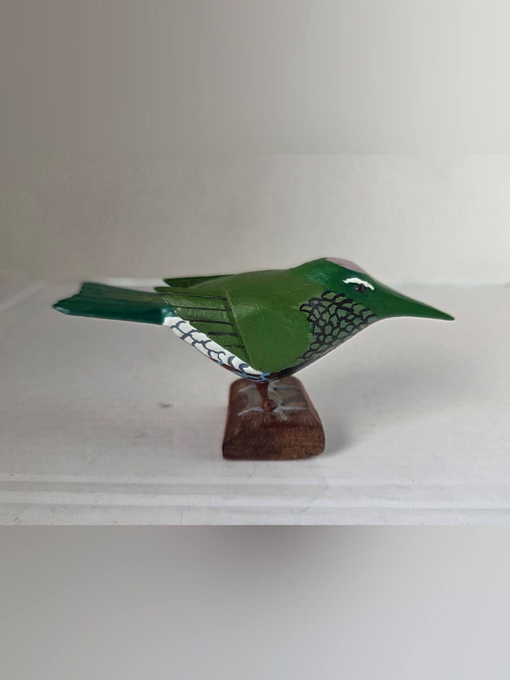 Hand Painted Wooden Carved Green Hummingbird Figurine